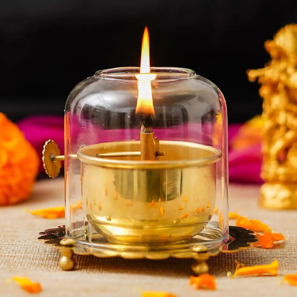 Golden Brass Akhand Diya Oil Lamp with Rotating Wick