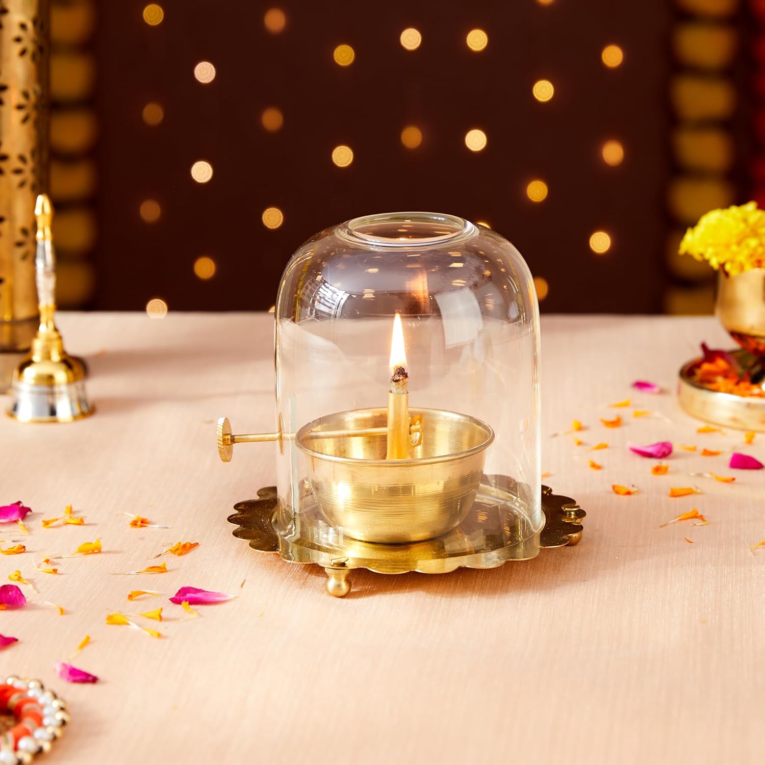 Golden Brass Akhand Diya Oil Lamp with Rotating Wick