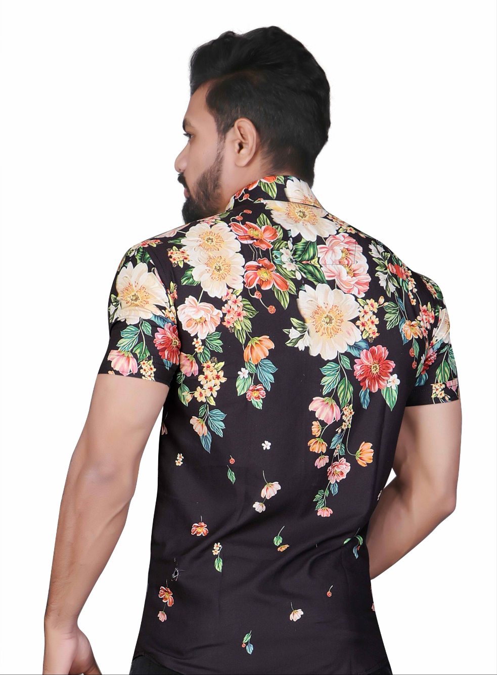 Men's Black Floral Print Cuban Collar Shirt