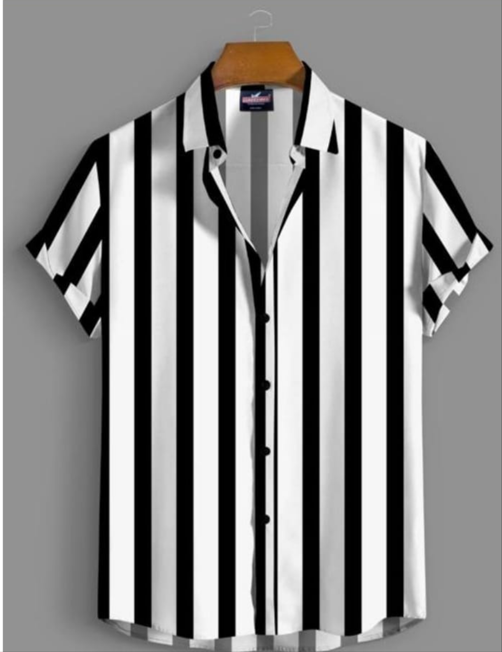 Vertical Striped Short-Sleeve Button-Up Shirt for Men | Black and White