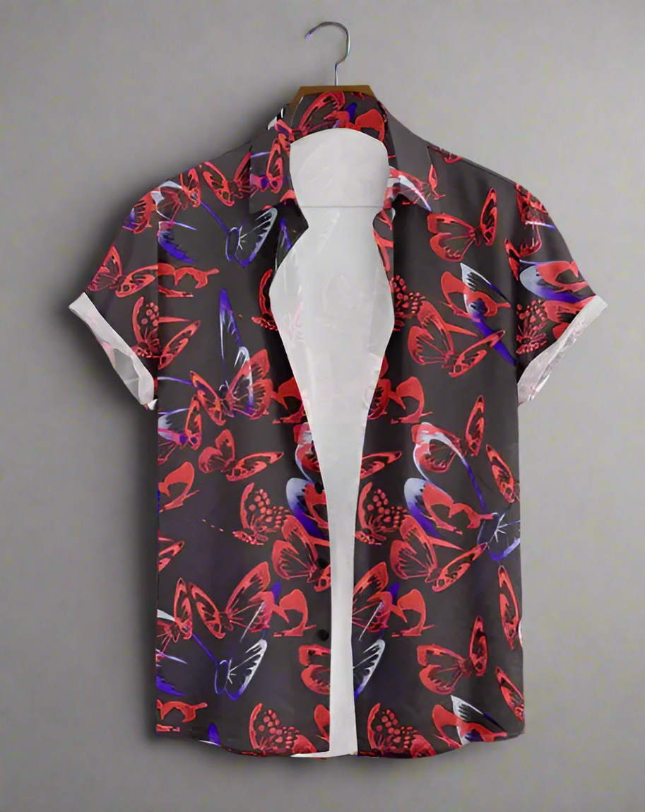 Men's Butterfly Print Short-Sleeve Shirt | Red & Blue