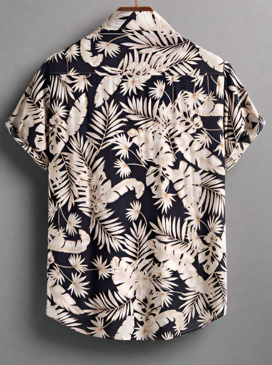 Men's Tropical Print Shirt | Hawaiian Short-Sleeve | Navy & Cream