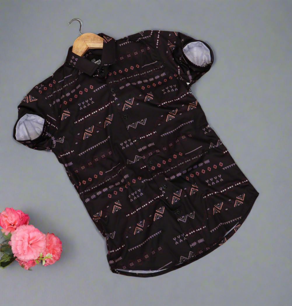 Stylish Men's Short-Sleeve Shirt with Abstract Tribal Pattern | Black & Brown