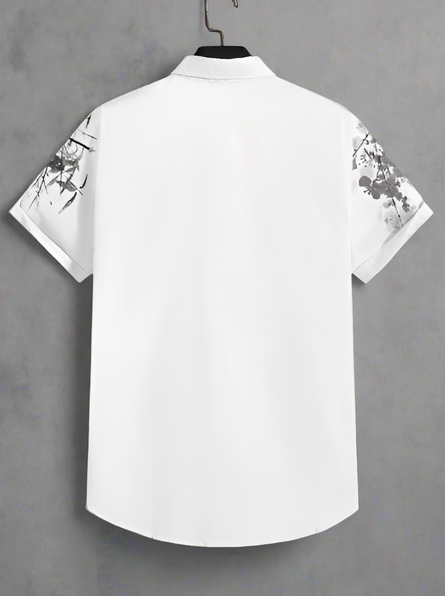 Men's White Floral and Bamboo Print Half-Sleeve Casual Shirt
