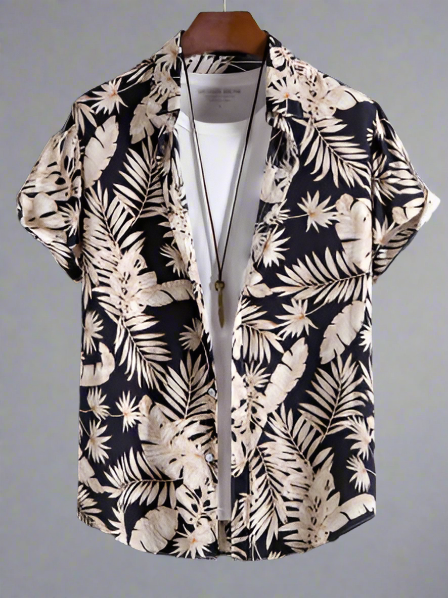 Men's Tropical Print Shirt | Hawaiian Short-Sleeve | Navy & Cream