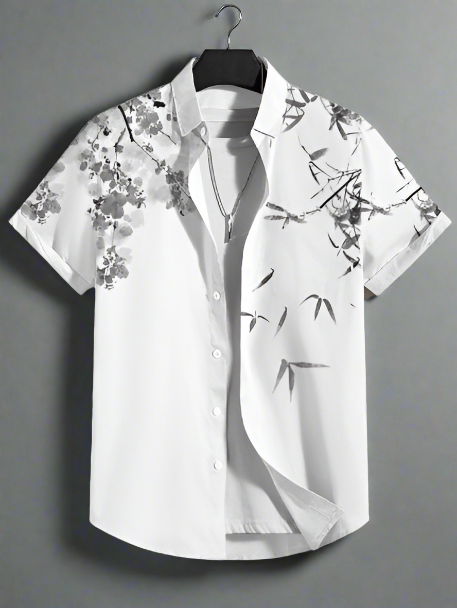 Men's White Floral and Bamboo Print Half-Sleeve Casual Shirt