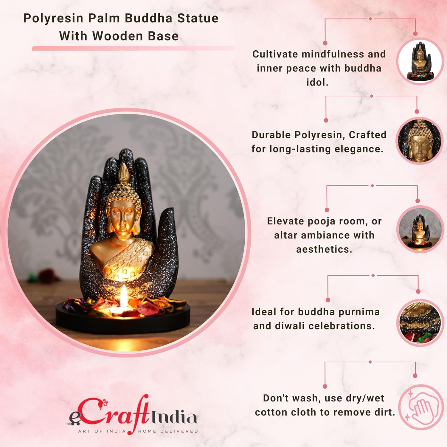 eCraftIndia Golden Silver Handcrafted Palm Buddha with Wooden Base, Fragranced Petals and Tealight