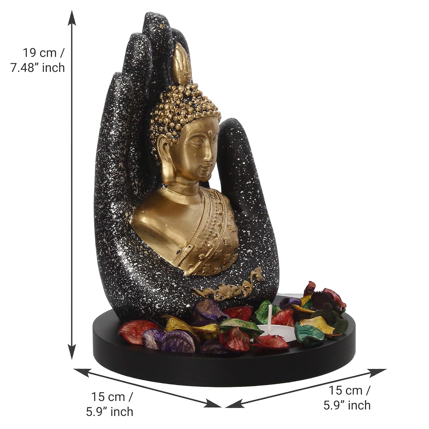 eCraftIndia Golden Silver Handcrafted Palm Buddha with Wooden Base, Fragranced Petals and Tealight