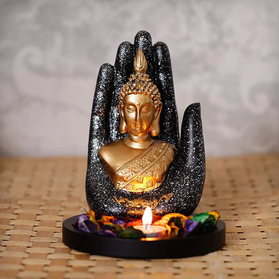 eCraftIndia Golden Silver Handcrafted Palm Buddha with Wooden Base, Fragranced Petals and Tealight