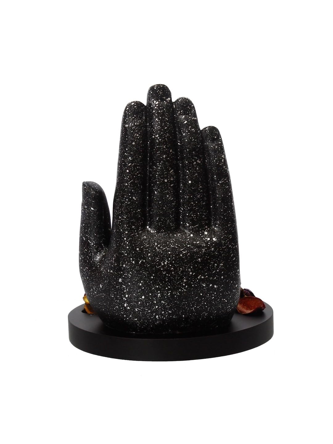 eCraftIndia Golden Silver Handcrafted Palm Buddha with Wooden Base, Fragranced Petals and Tealight