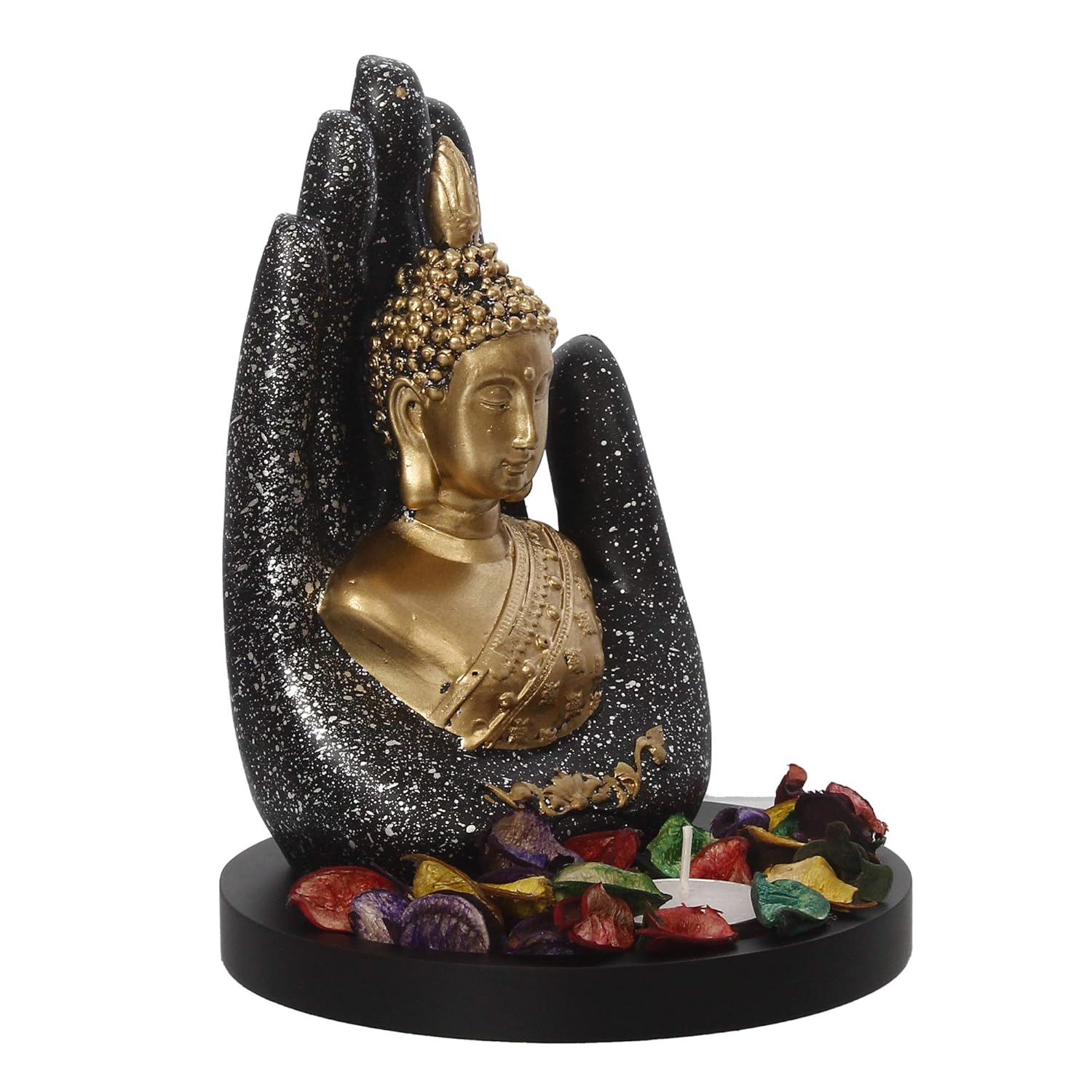 eCraftIndia Golden Silver Handcrafted Palm Buddha with Wooden Base, Fragranced Petals and Tealight