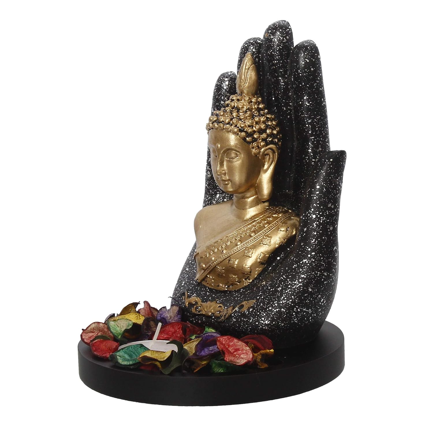 eCraftIndia Golden Silver Handcrafted Palm Buddha with Wooden Base, Fragranced Petals and Tealight