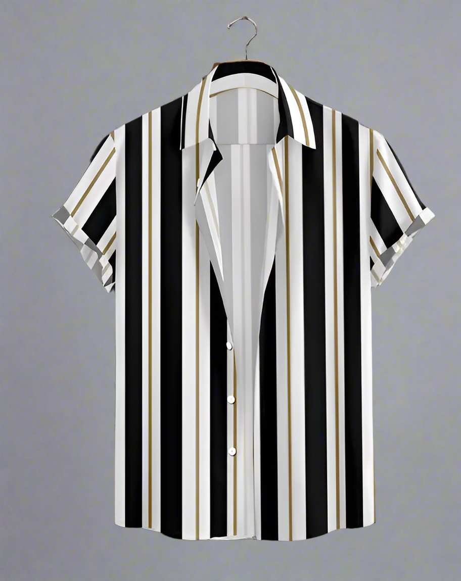 Men's Striped Short-Sleeve Button-Up | Black, White, & Gold